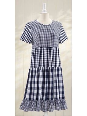 Navy and White Gingham Tiered patchwork  country Midi Dress